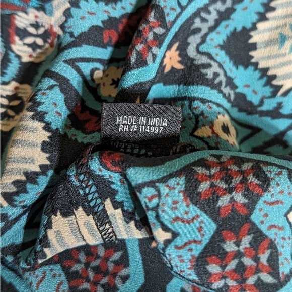Tolani Silk Tunic Button Up Small Black Aqua Aztec Boho Blouse Prairie Roll Tab - Picture 6 of 8